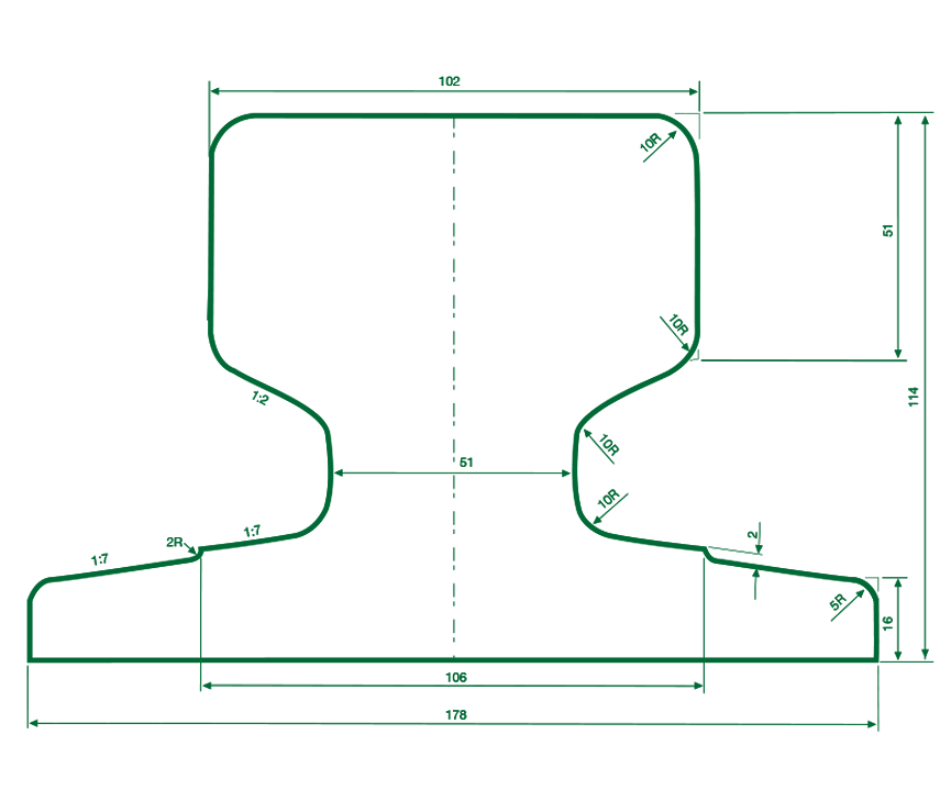 89KG heavy crane rail from EMRAILS manufactured to ARCELOR standard in 12 metre lengths. They generally used in applications such as, port & wharf cranes, crane rails.